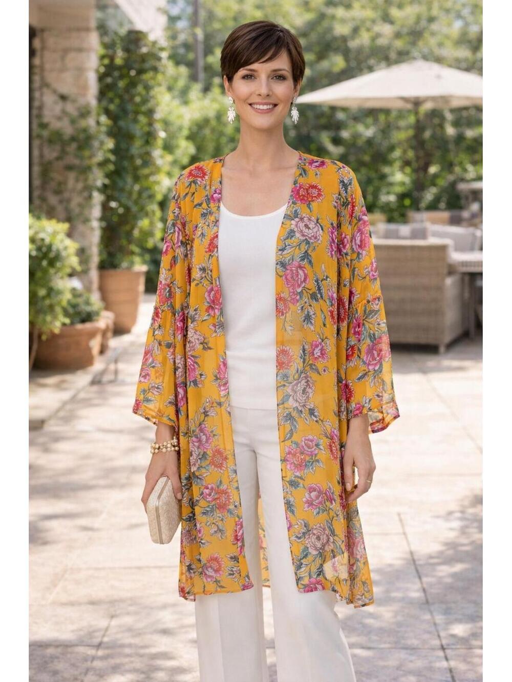 Band Of Gypsies Women's Mustard Yellow/Pink/Green Floral Duster, XS